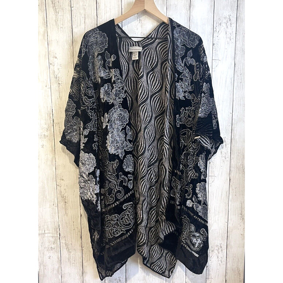 Catherines Womens One Size Floral Shrug Black Metallic Velvet Open Front Kimono - Picture 1 of 6